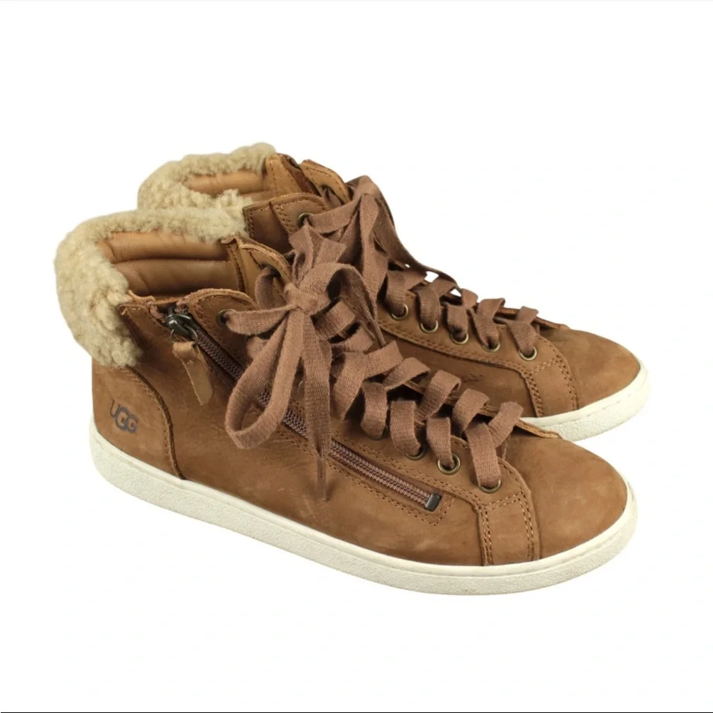 UGG Brown Leather High Top Lace Up Zipper Boots 1019716 Womens SIze US 9.5